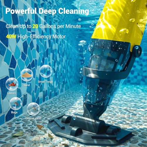 Hushlight Cordless Pool Vacuum Cleaner, Handheld Rechargeable Above Ground Pool Vacuum Cleaner, 20 gallons/min Powerful Suction for Debris Cleaning（Light Yellow）