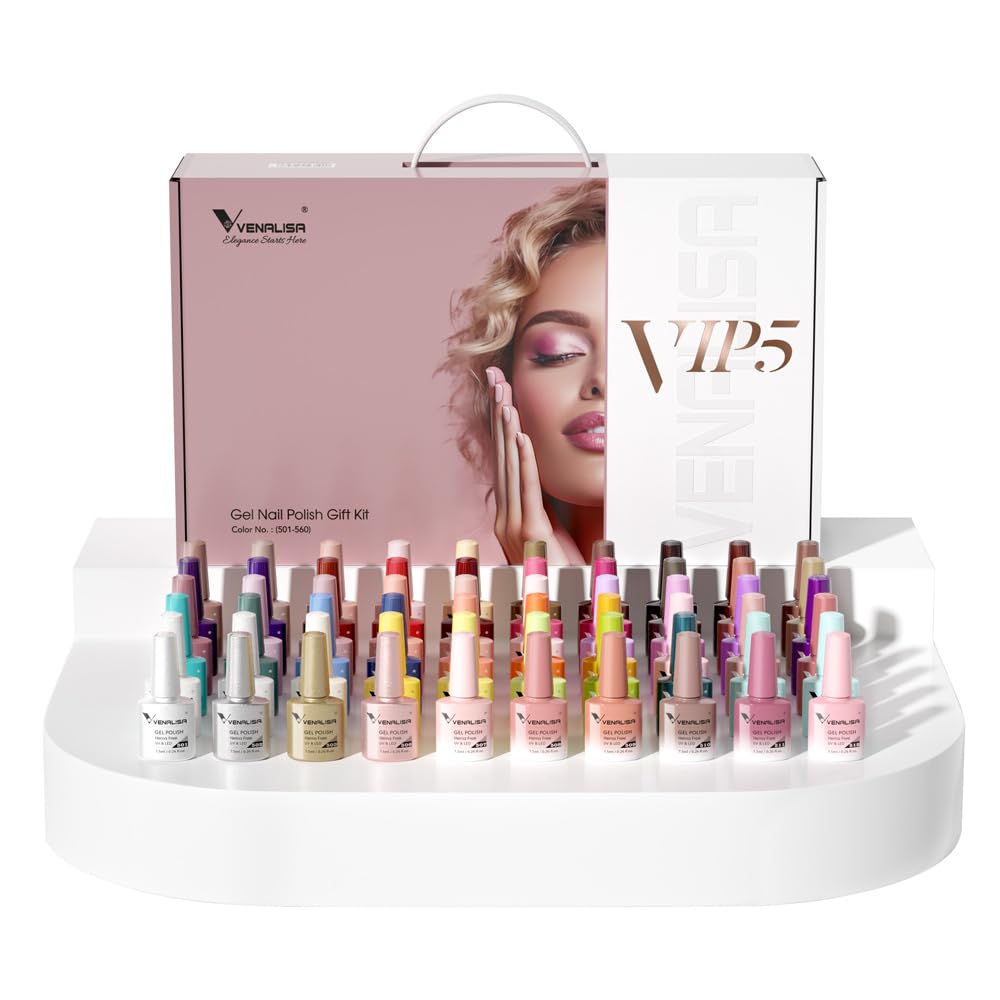 VENALISA VIP5 65PCS Hema Free Gel Nail Polish Set, 60 Colors Sparkle Glitter Jelly White Nude Pink Red Green Brown Gel Polish Kit with Base Gel Top Coat Nails Manicure Salon at Home