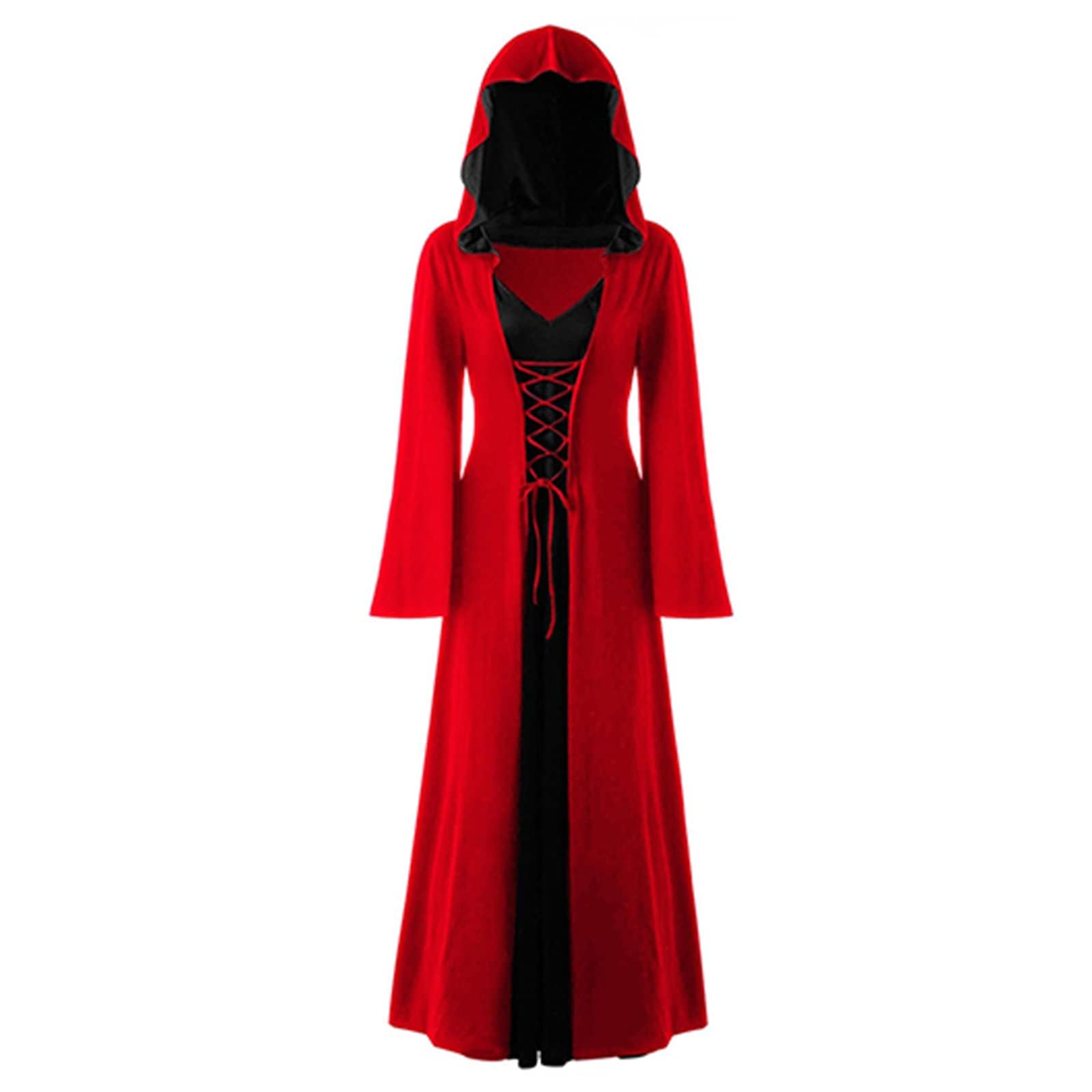 FSUJWOA Halloween Vintage Witch Dress, Witch Hooded Dress Costume, Women's Renaissance Medieval Costume (M, Red and Black)