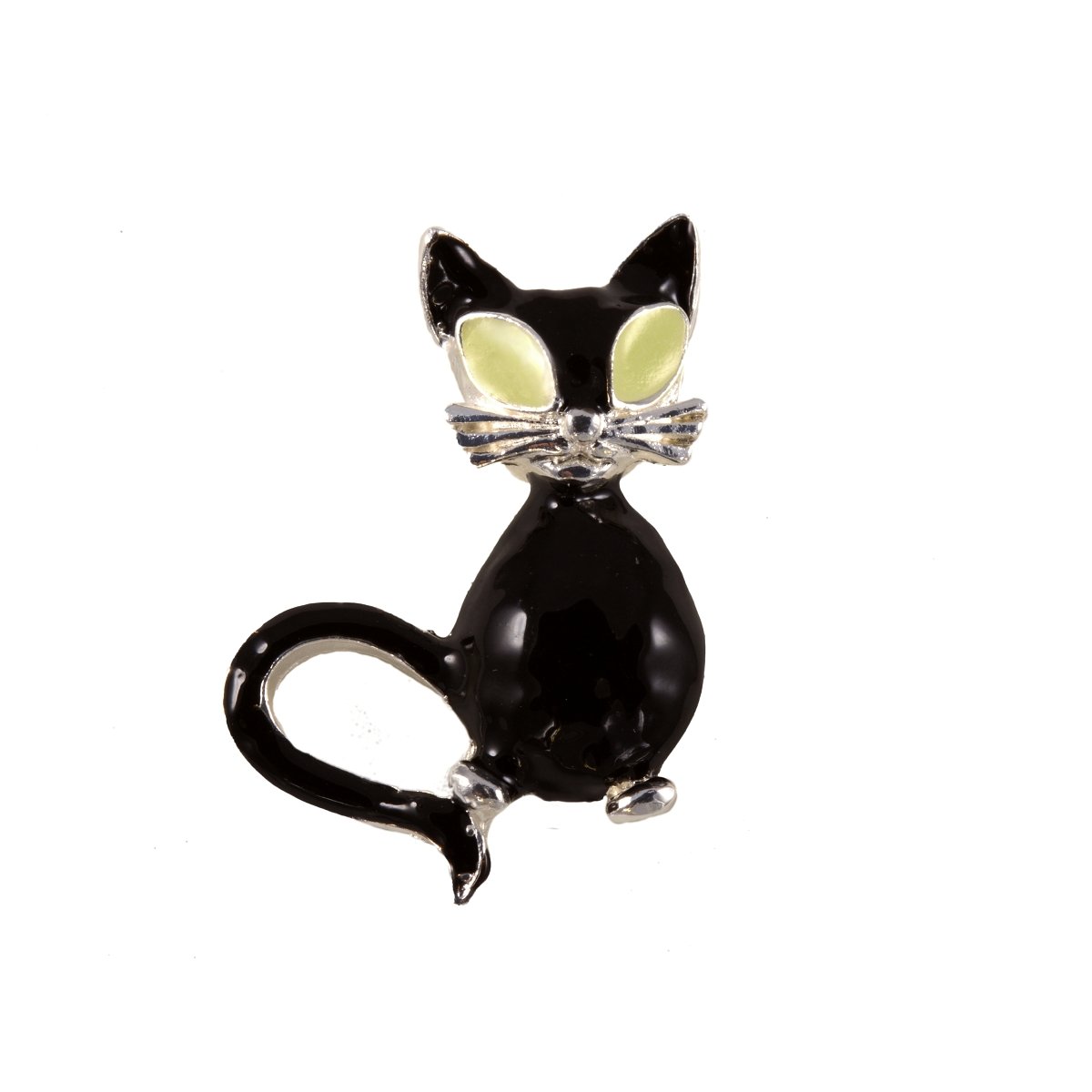 Silver Plated Cat Brooch Black Enamel Pin SALE%