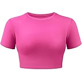 VOYJOY Womens Double Lined Fitted Short Sleeve Crop Tops Crew Neck Casual Workout T Shirts Cute Basic Tee