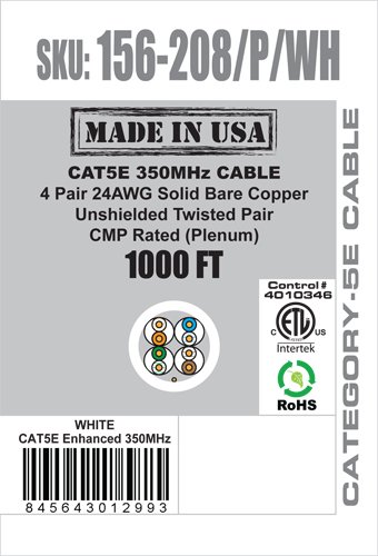 Vertical Cable CAT5E, 350 MHz, UTP, 24AWG, 8C Solid Bare Copper, Plenum, 1000ft, White, Bulk Ethernet Cable - Made in USA