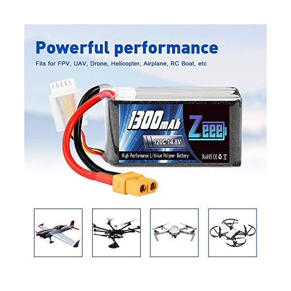 Zeee 4S Lipo Akku 14,8V 120C 1300mAh RC Lipo Batterie mit XT60 Stecker für FPV Racing Drones Rennrad Quadcopters… – Bild 3
