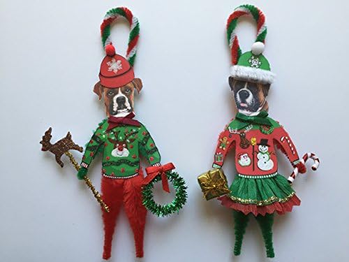 Boxer Dog UGLY CHRISTMAS SWEATER ORNAMENTS Vintage Style Chenille Ornaments Set of 2