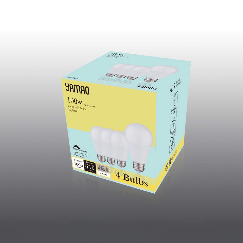 YAMAO A19 LED Light Bulbs, 100W Equivalent Non-dimmable 5000K Daylight, 1600LM, CRI+80, UL-Listed (4 Pack)