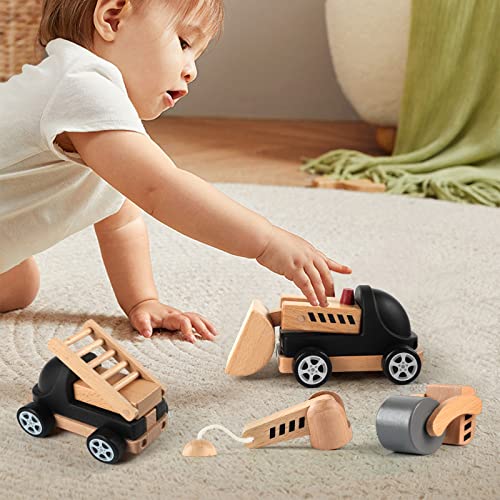 SURPRESA.V Cute Baby Wooden Car Toys,4 Kinds Wooden Construction Work