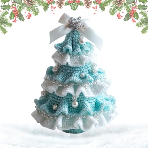 DIY Crochet Christmas Tree Kit – Handmade Holiday Decoration Set, Crochet Christmas Tree Craft Kit for Beginners, Holiday Ornament Decor with Yarn Hook Pearls Ribbon and Detailed Pattern (Blue)