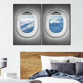 2 Panel Canvas Wall Art - Grey Plane Window聽Overlooking a Snowy Mountain Range - Giclee Print Gallery Wrap Modern Home Art Ready to Hang - 16"x24" x 2 Panels