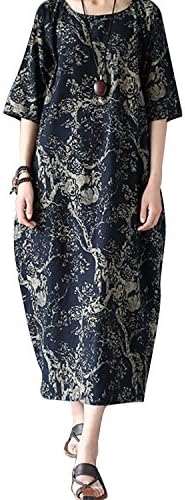 Bohistyle Women Plus Size Striped Batwing Linen Cotton Loose Kaftan Casual Dress Navy Blue 4XL