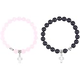 coadipress 2 PCS Natural Healing Stone Cross Bracelet for Women Fashion Christian Cross Beaded Elastic Bracelet Religious Inspirational Charm Jewelry