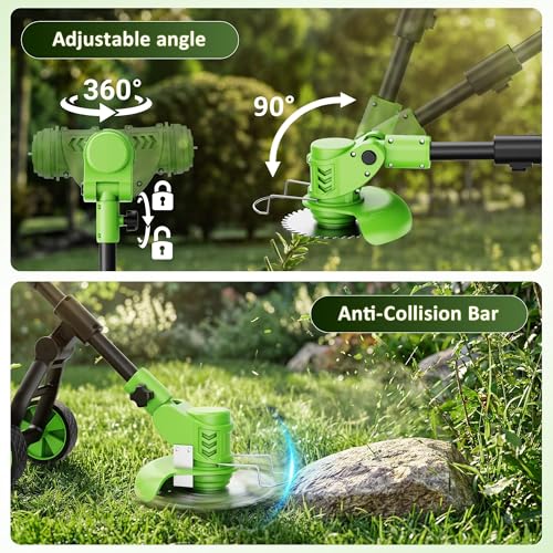 Cordless Weed Wacker with Wheels 4-in-1, 4000mAh Battery Powered Stringless Weed Eater, Brushless Grass Trimmer with 2 Batteries, 3 Blade, Adjustable Head, Lightweight Lawn Edger Brush Cutter
