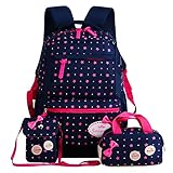 FOLLOWUS Kid's Backpacks Girls School Backpack Purse Lunch Bag 3 in 1 (Navy Blue&Rose)