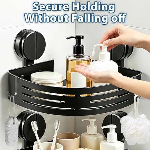 ZBXSNK 2Pcs Corner Shower Caddy, No Drilling Suction Cup Bathroom Corner Shelves, Shower Storage Shelf with Towel Bar & Hooks, for Bathroom Kitchen Vanity & Shampoo, Razors, Spice Bottles