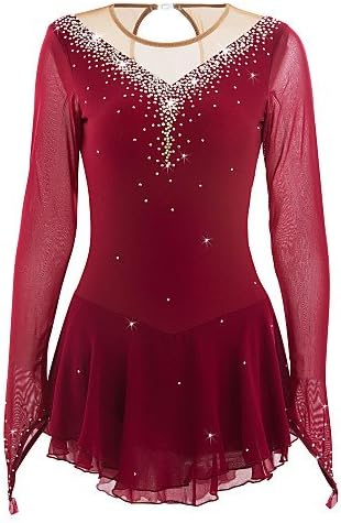 Skating Queen Figure Skating Dress for Girls Women Ice Skating Performance Competition Dress Breathable Mesh Fabric Quick Dry Handmade Skating Dress Long Sleeved Wine Red