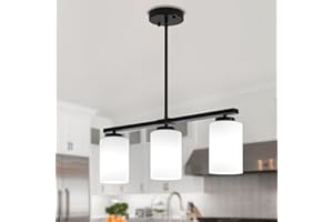 YUEMZS 3-Light Modern Island Lights for Kitchen, Black Dining Room Light Fixtures Farmhouse Linear Chandeliers Over Table, White Frosted Glass Adjustable Hanging Light Kitchen Pendant Lighting Over Island