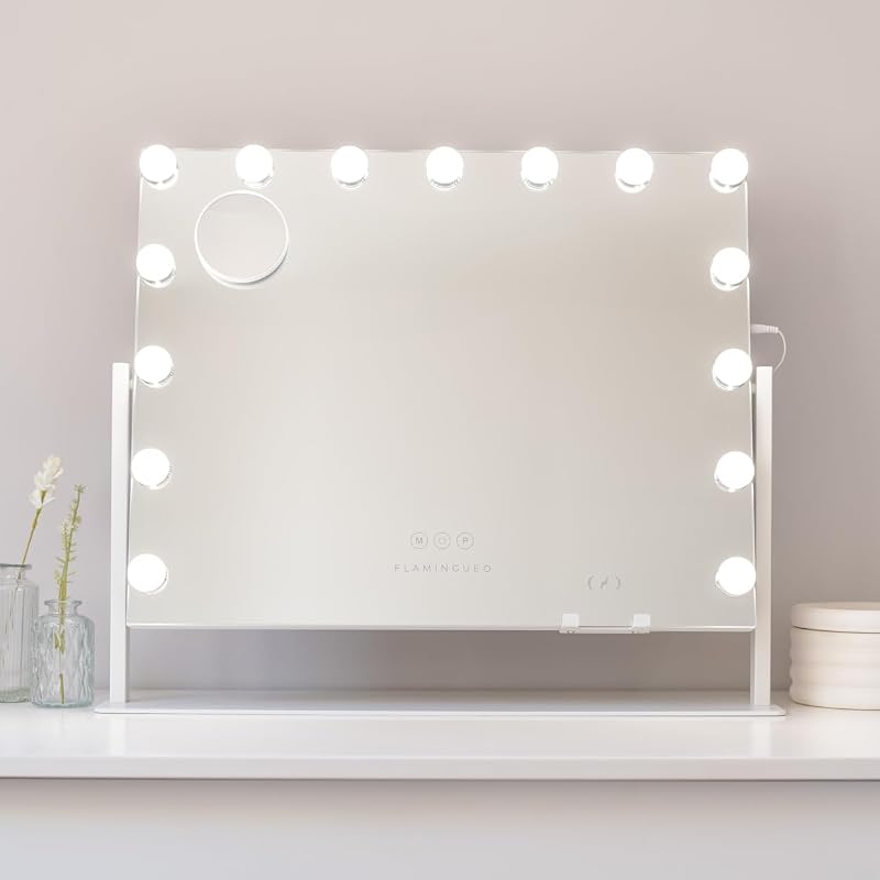 Schminkspiegel mit Beleuchtung - 15 LED - 3 Modi - Einstellbare Intensität - Touch Control - Wireless-Ladegerät für Mobiltelefone - Vergrößerungsspiegel Inklusive - Weiß - 64x12x54,5cm