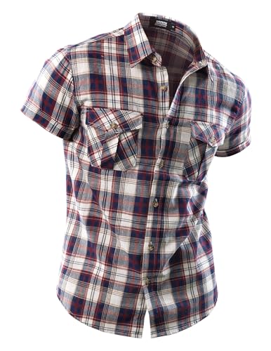 JOGAL MENS WESTERN COWBOY PLAID LINEN SHIRTS CASUAL BUTTON DOWN SHORT SLEEVE LIGHTWEIGHT REGULAR FIT SHIRTS RED MEDIUM