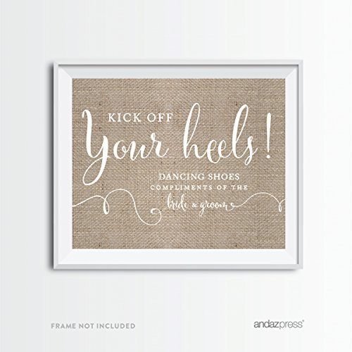 Andaz Press Wedding Party Signs, Country Chic Burlap Print, 8.5x11-inch, Dancing Shoes Kick Off Your Heels Flip Flop Sandals Dance Floor Reception Sign, 1-Pack