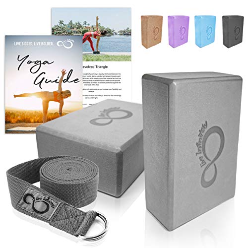 Premium Yoga Blocks & Metal D Ring Strap Yogi Set (3PC) 2 High Density EVA Foam Blocks to Support & Deepen Poses, Improve Strength & Flexibility- Lightweight, Odor & Moisture Resistant (Dark Grey)