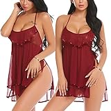 ADOME Women Lingerie Double Layer Mesh Babydoll Halter Nightgown Split Chemise