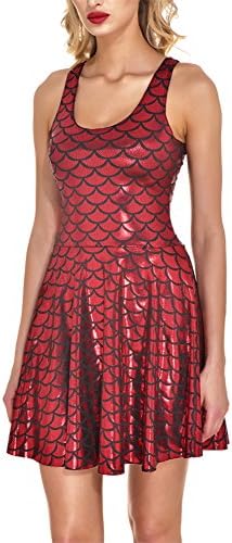 Womens Mermaid Dress Plus Sleeveless Shiny Short Tank Pleated Party Print Skater Dresses
