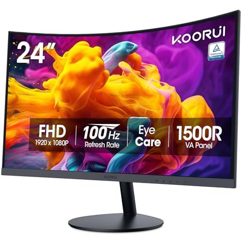 KOORUI 24 Zoll Curved Monitor, Full HD 1080P Curved Computer Monitor, 1500R Bildschirm, HDMI VGA, Neigungseinstellung, LCD-Display, Augenpflege, Schwa