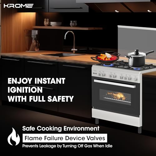 KROME 90x60cm Cooking Range, Matte Stainless Steel, Dual Layer Tempered Glass, Auto Ignition, Cast Iron Pan Support, Flame Failure Device, Adjustable Legs, LPG 28mbar, KR-CR9060G