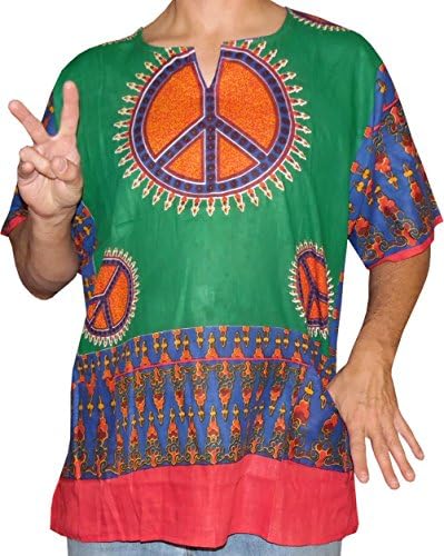 Mens Peace Dashiki One-Size Cotton Hippie Boho By AmericanDashiki Groovetacular Green
