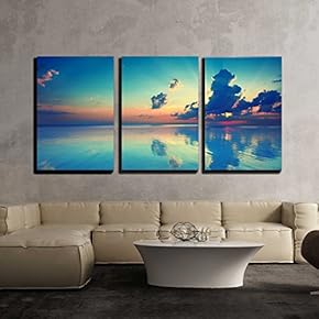 3 Piece Canvas Wall Art - Early Morning, Sunrise Over Sea - Modern Home Art Stretched and Framed Ready to Hang - 16"x24"x3 Panels