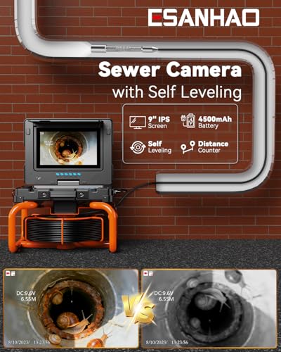 Caméra Inspection Canalisation 9'' Écran IPS, Caméra Égout Auto-Nivelante avec Compteur de Distance, HD 1080P Endoscope Tuyau avec Enregistrement Vidéo & Audio, Carte de 32 Go (9''-23MM/100FT)