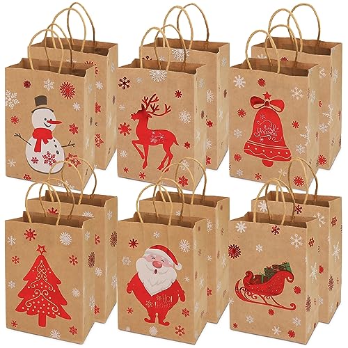 Christmas Kraft Gift Bags 12 Count Assorted Styles Bags Xmas Small Paper Bags with Handles Christmas Goodie Bags with Christmas Prints for Xmas Gift Wrapping Christmas Party Supplies