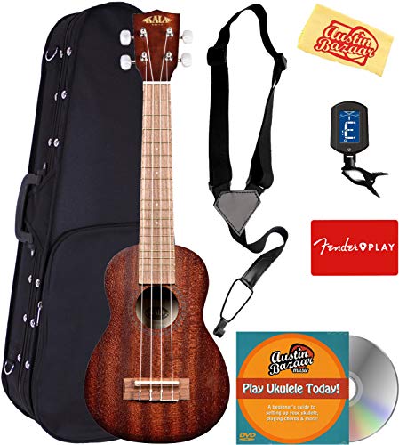 Kala KA-15SLNG Satin Mahogany Long Neck Soprano Ukulele Bundle with Hard Case, Tuner, Strap, Fender Play Online Lessons, Austin Bazaar Instructional DVD, and Polishing Cloth