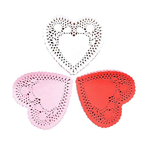 4 Inch Mini ValentineÂ HeartÂ Doilies Cutouts Lace Paper with 3 Colors Red, Pink and White for Valentine's Day Party (300 Pieces)