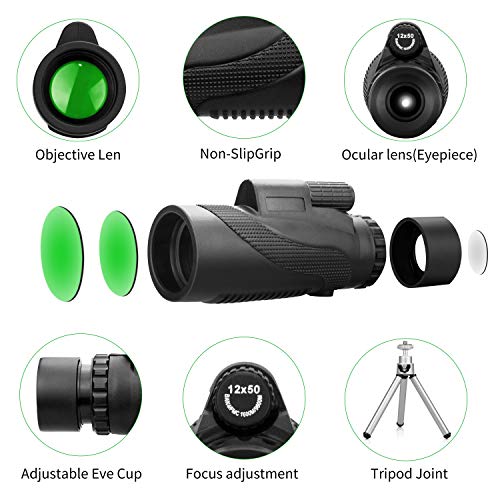 Monocular Telescope, 12X50 HD Low Night Vision Waterproof- Shockproof High Power and Phone Adapter, Tripod Holder for Bird Watching Hunting Camping Hiking Travelling Secen[Best Telescope 2020] - Thumbnail 3