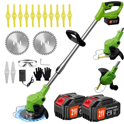 Electric Weed Wacker Cordless, 21V Weed Cordless Eater with 2 Batteries and 3 Types Blades, 3 in 1 Brush Cutter/Grass Trimmer/Lawn Edger for Garden Yard (Green)