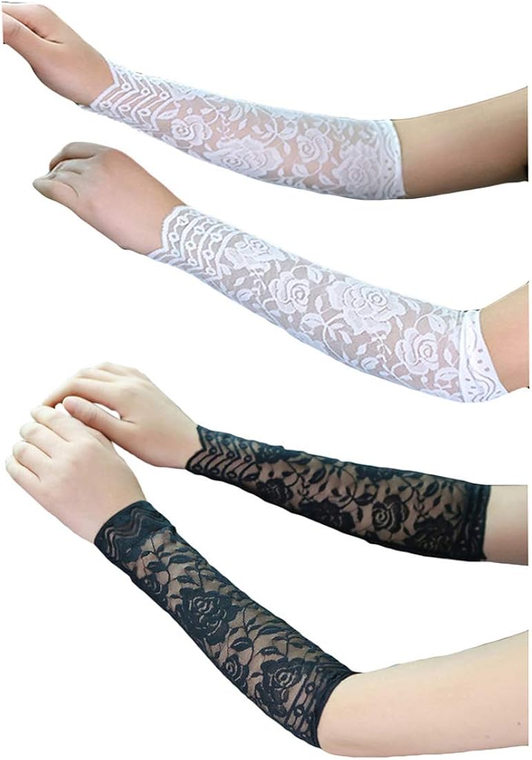 Tovip 2Pairs 30CM Women Girls Summer UV Protection Arm Sleeves Sexy Crochet Floral Lace Warmers Jacquard Scar Cover Long Fingerless Driving Gloves: Clothing
