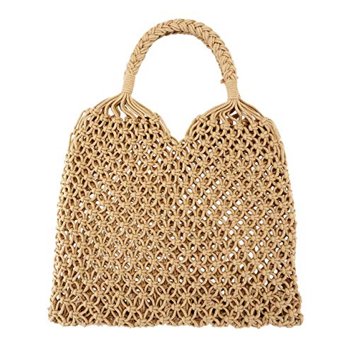 Ayliss Handmade Straw Bag Travel Beach Fishing Net Handbag Shopping Woven Shoulder Bag for Women(Khaki) - Thumbnail 7
