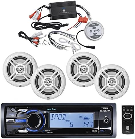 Sony Marine Boat Yachht MP3 USB iPod iPhone Stereo AM/FM Radio 4 X 52 Watts Receiver with 4 Dual Marine Boat Outdoor Series 6.5" Dual-Cone Stereo Speakers and 4-Channel Boat Amplifier