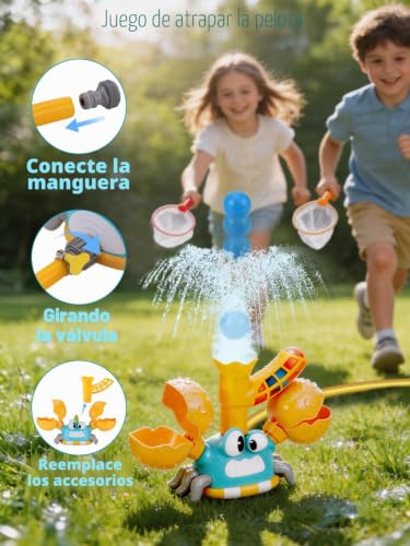3-en-1 Juegos de Agua para Niños Exterior, Juguete de Aspersores Forma de Cangrejo con Juego de Lanzar Tela y Atrapar Pelota, Juguetes Verano para 3 4 5 6 7 8 9Años, Regalo Creativo para Niños y Niñas