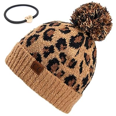 C.C Exclusives Soft Beanie hat with Leopard Pattern and Fur Pom(HAT-7001)(SF-7001) C.C Exclusives Soft Beanie hat with Leopard Pattern and Fur Pom(HAT-7001)(SF-7001)