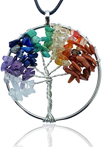 Expression Jewelry Tree Of Life Gemstone 7 Chakra Crystal Necklace Silver Toned with Cord Necklace