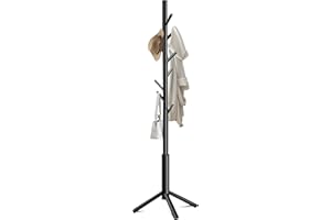Azaeahom Coat Rack Freestanding with 8 Hooks 3 Adjustable Height Coat Racks Stand Clothing Hanger Stand Wooden Coat Tree Easy Assembly for Entryway, Bedroom, Hallway, Dormitory,Office Black
