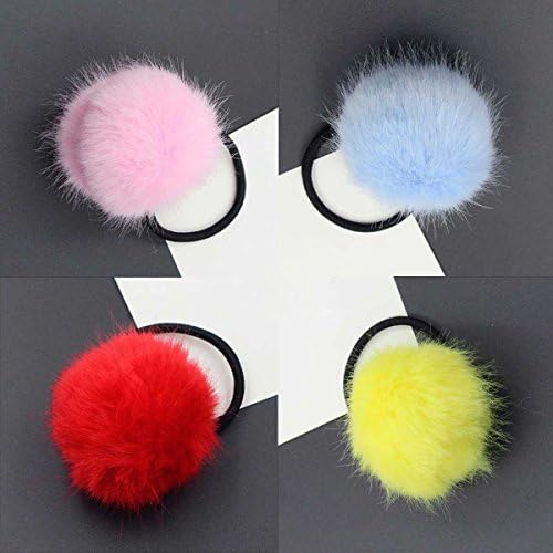4Pcs Faux Fur Fluffy Ball Plush Elastic Hair Tie Ponytail Holder Pom Pom Hair Rope Hair Accessories (pink+yellow+red+lightblue)
