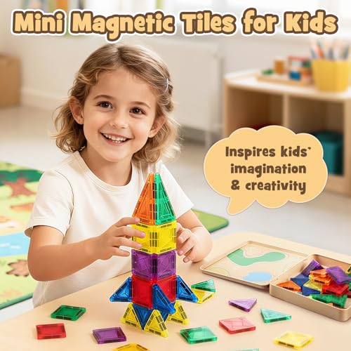 Dreamon 60 PCS Mini Magnetic Tiles Set Travel Magnetic Tiles for Kids with Iron Case Magnetics Blocks Building Toy Christmas Birthday Gift Boys Girls Age 3 4 5 6 7 8 Years