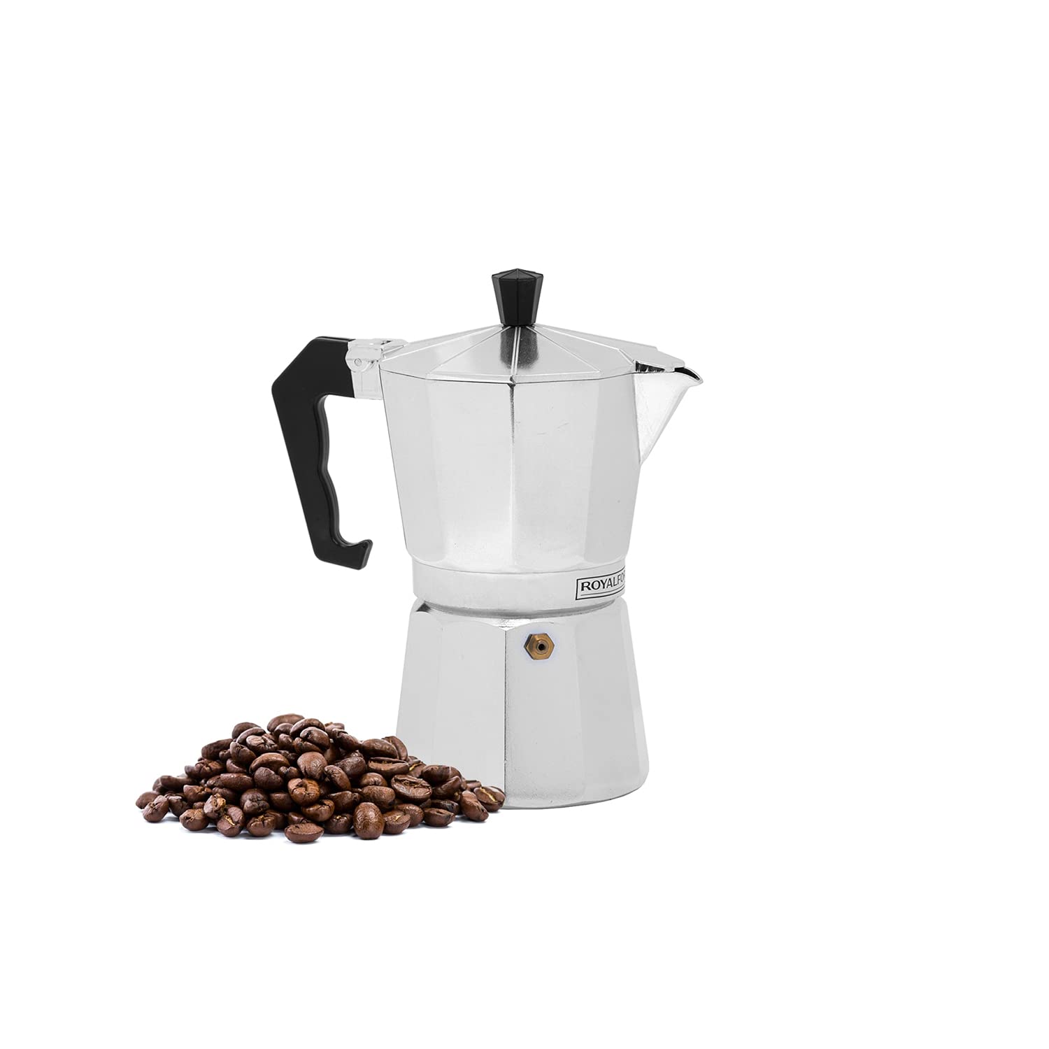 Royalford Moka Express Stovetop Coffee Maker | Aluminium Italian Coffee Maker Pot | Cafeteria Percolator for Ground Coffee Latte Mocha Cappuccino Macchiato | Gasket & Filter Included, 1 Cup Capacity