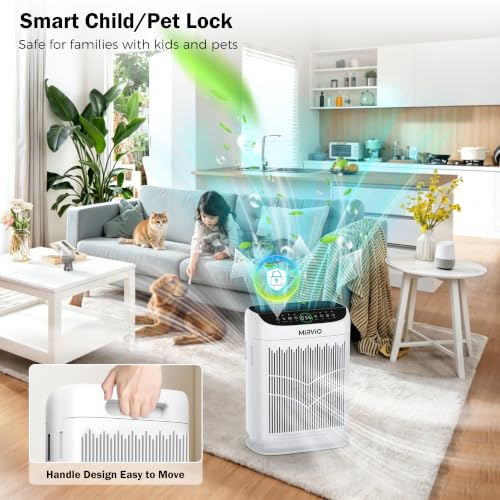 Mirvio Air Purifiers for Home Bedroom Large Room Up to 3000 Ft², HEPA Air Cleaner with Washable Double-Side Filter, PM2.5 AQI,Timer,15dB Sleep Mode for Pet, Dander, Dust, Pollen, Odors, White