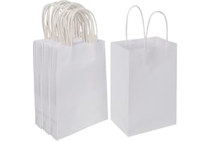Oikss 50 Pack 5.25x3.25x8.25 Inch Small White Kraft Paper Bags with Handles Bulk for Birthday Wedding Party Favors Grocery Retail Shopping Business Goody Craft Gift Bags Cub Sacks, 50 Count