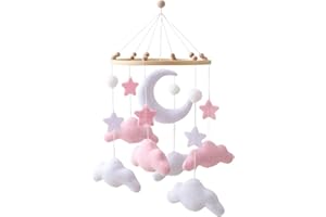 Gray Pink White Cloud Moon Themed Nursery Mobile,Crib Mobile for Baby Boys Girls,Handmade Baby Mobile,Adjustable Cotton Felt 