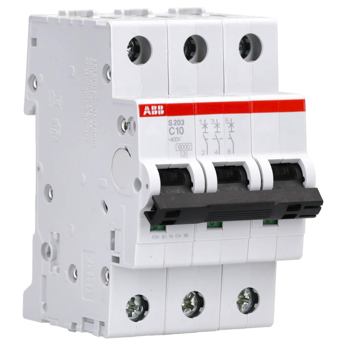 ABB S203-C10 Miniature Circuit Breaker, 3 Pole, Type C, 6/10kA Breaking Capacity, 10 Amp Current (2CDS253001R0104)