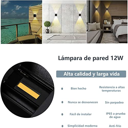 Sunsign lampara exterior pared, 12W lampara de pared, iluminación led modernos, Ángulo de haz ajustable hacia arriba y hacia abajo, IP65 impermeable, 2 pieza, negro(luz calida)
